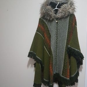 Woven Wool Poncho With Faux Fur Fringe!